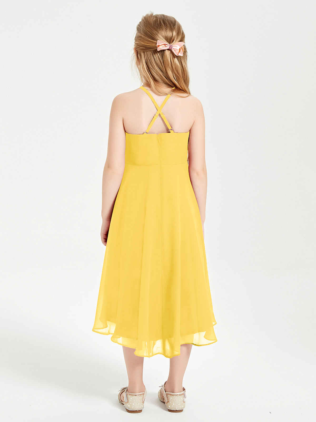 Trendy Tea Length Junior Bridesmaid Dresses Asymmetrical Skirt Marigold